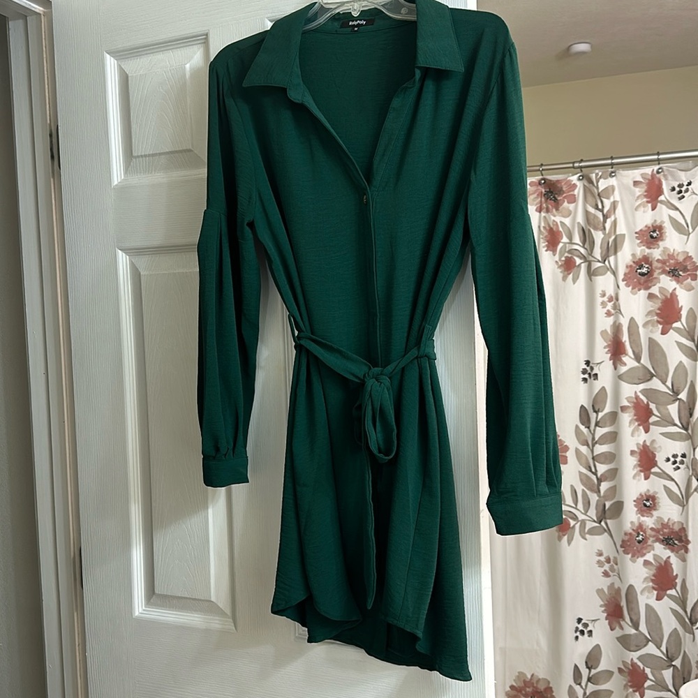 Belted green shirt dress
